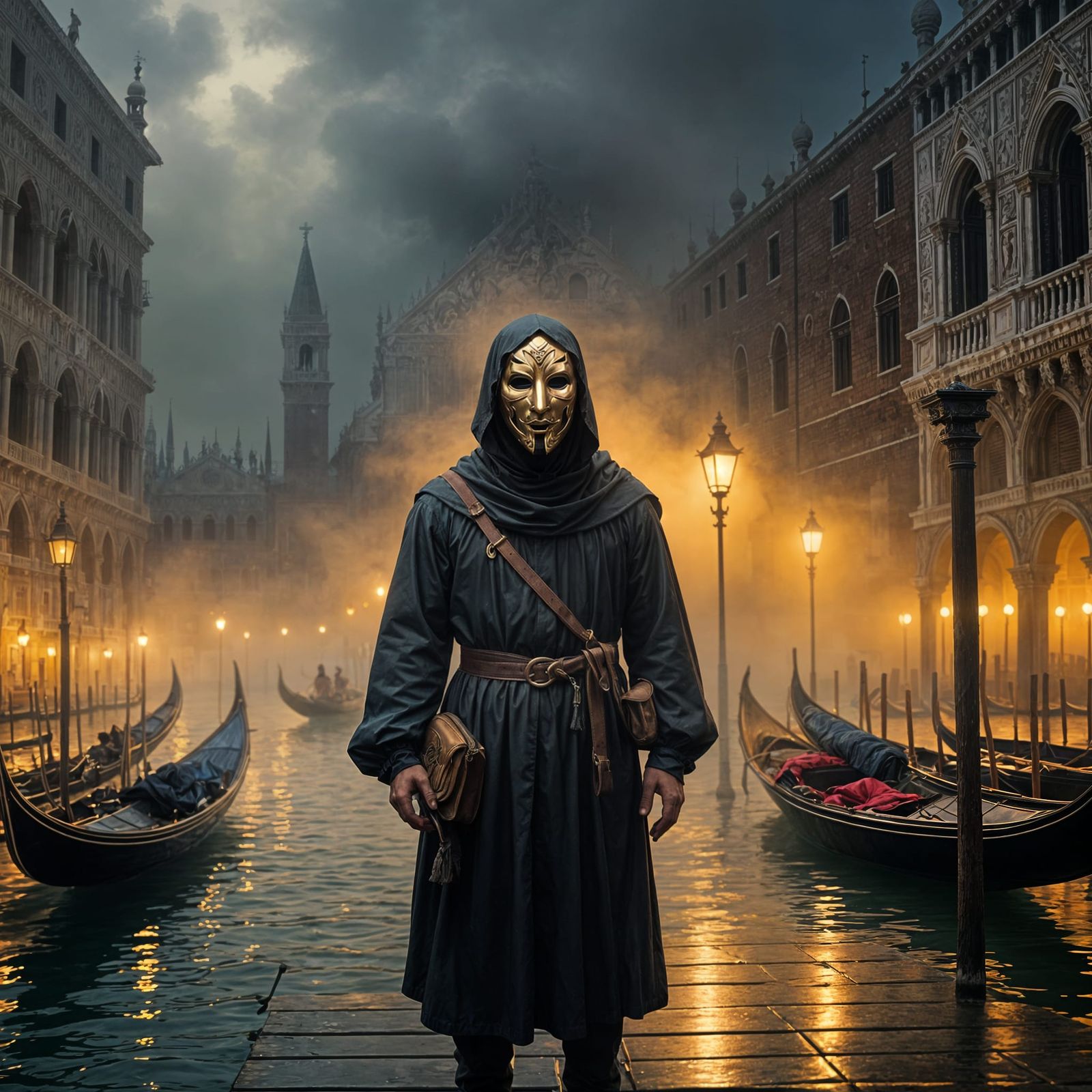 Mysterious Figure in Venice at Dusk