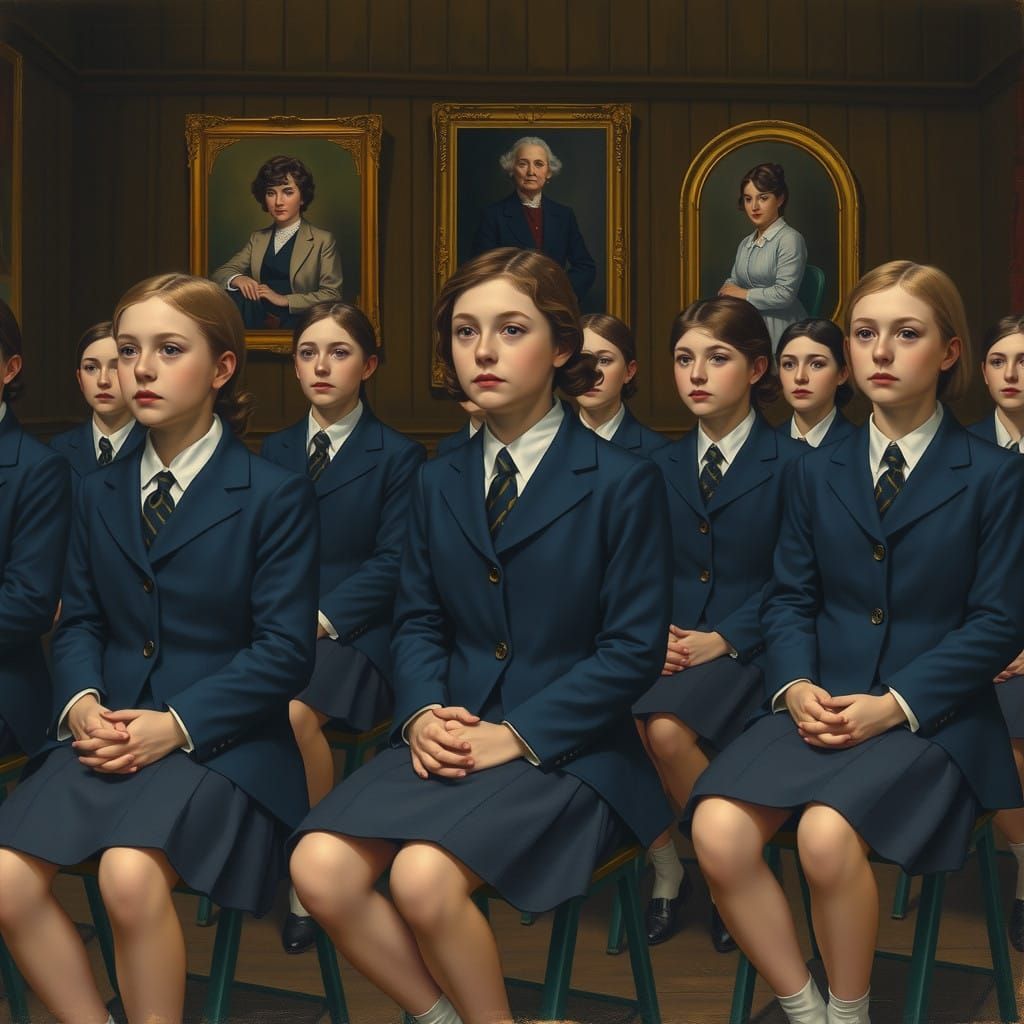 Girls in Formal Navy Blue Attire in a Wood-Panelled Hall