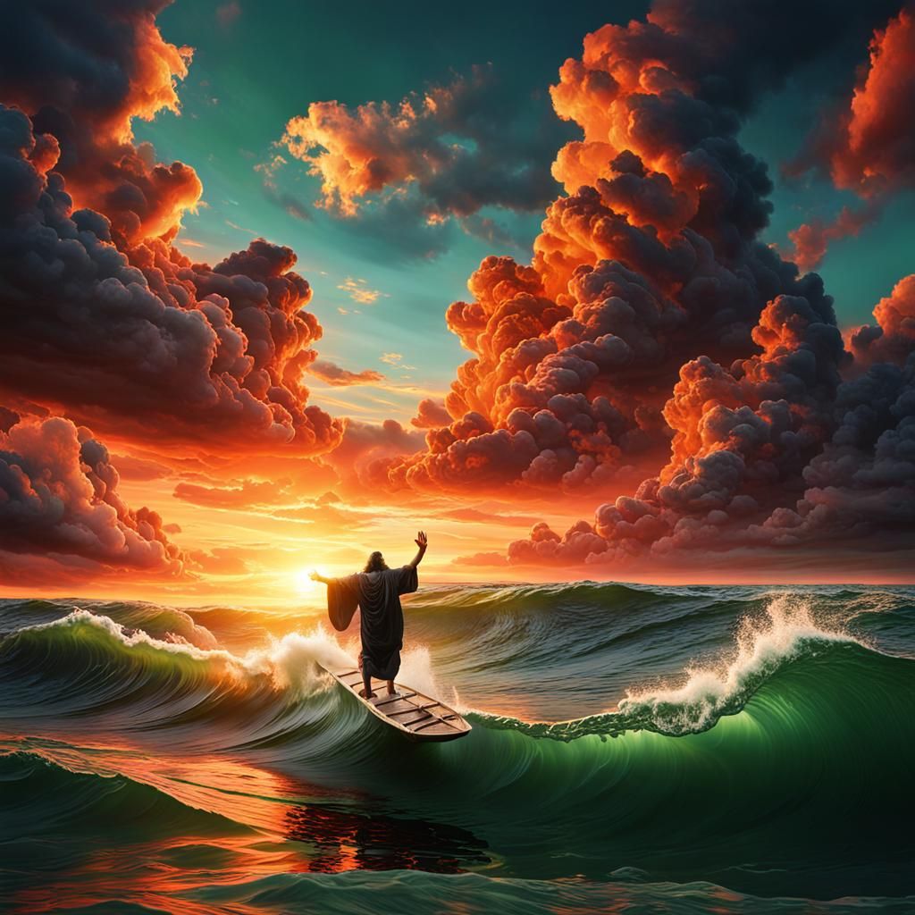 Black Jesus Walks on Water at Sunset