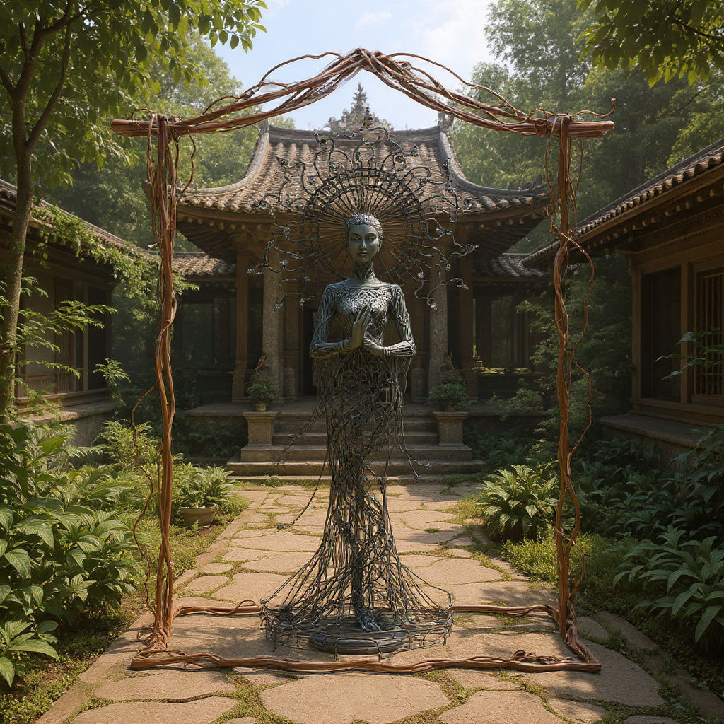 Wire Sculpture of a Goddess in Lush Temple Courtyard