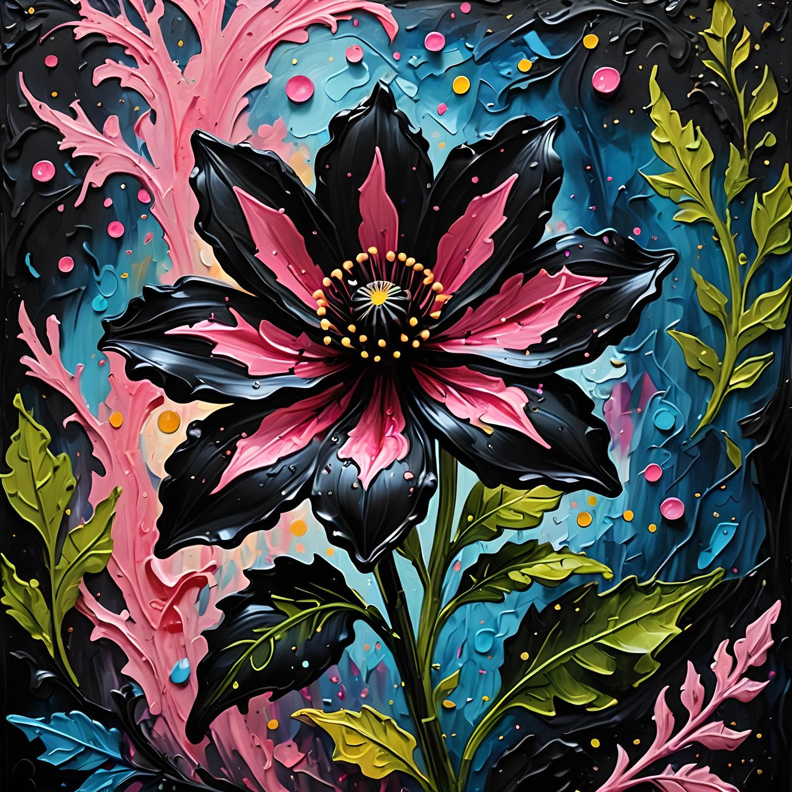 Black Velvet Flower with Neon Pink Filigree as Impasto Paint...