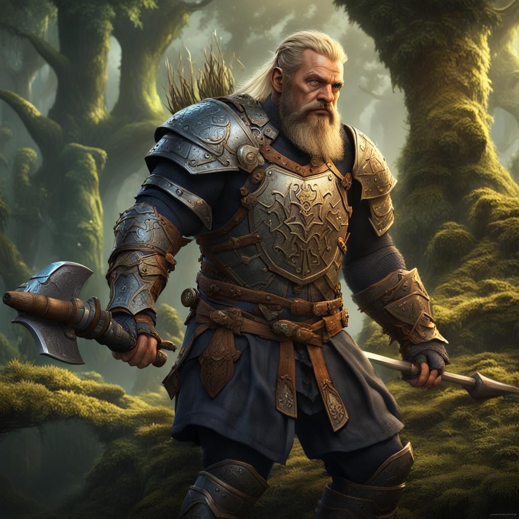 Male Dwarf Warrior in Forest Oasis, Detailed Matte Painting