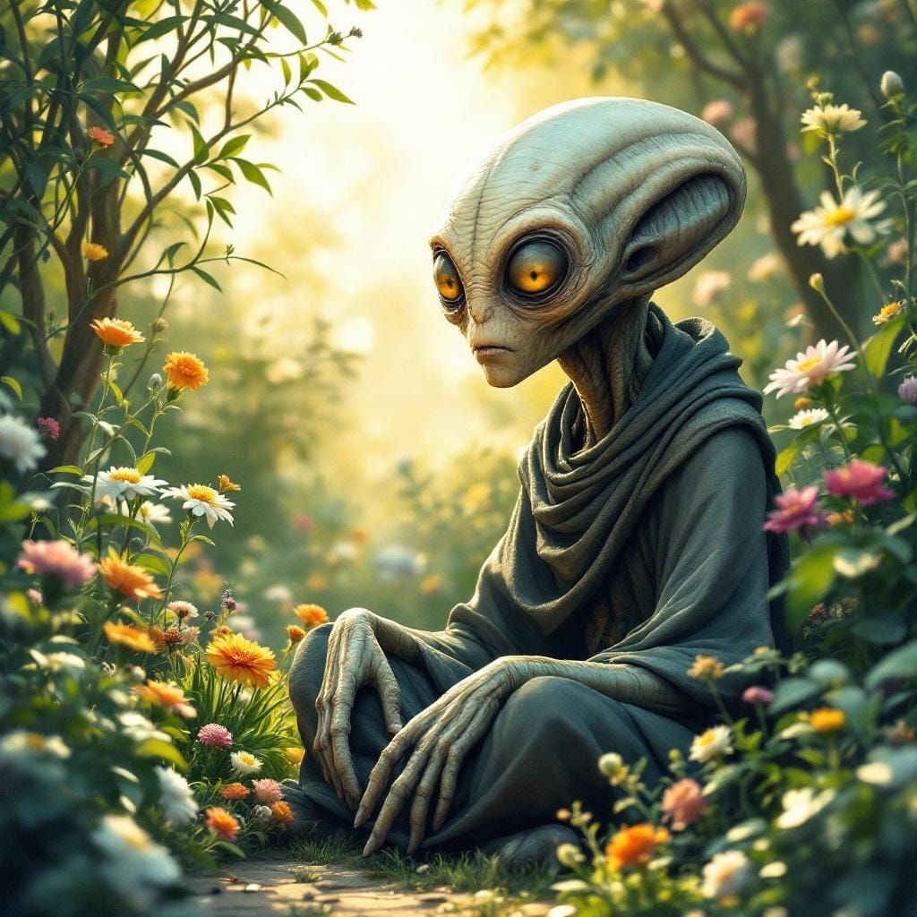 Wise Old Alien in Tranquil Garden