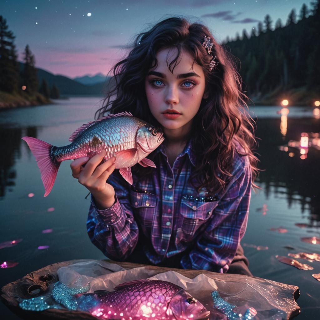 Fantasy Woman with Fish in 80s Aesthetic