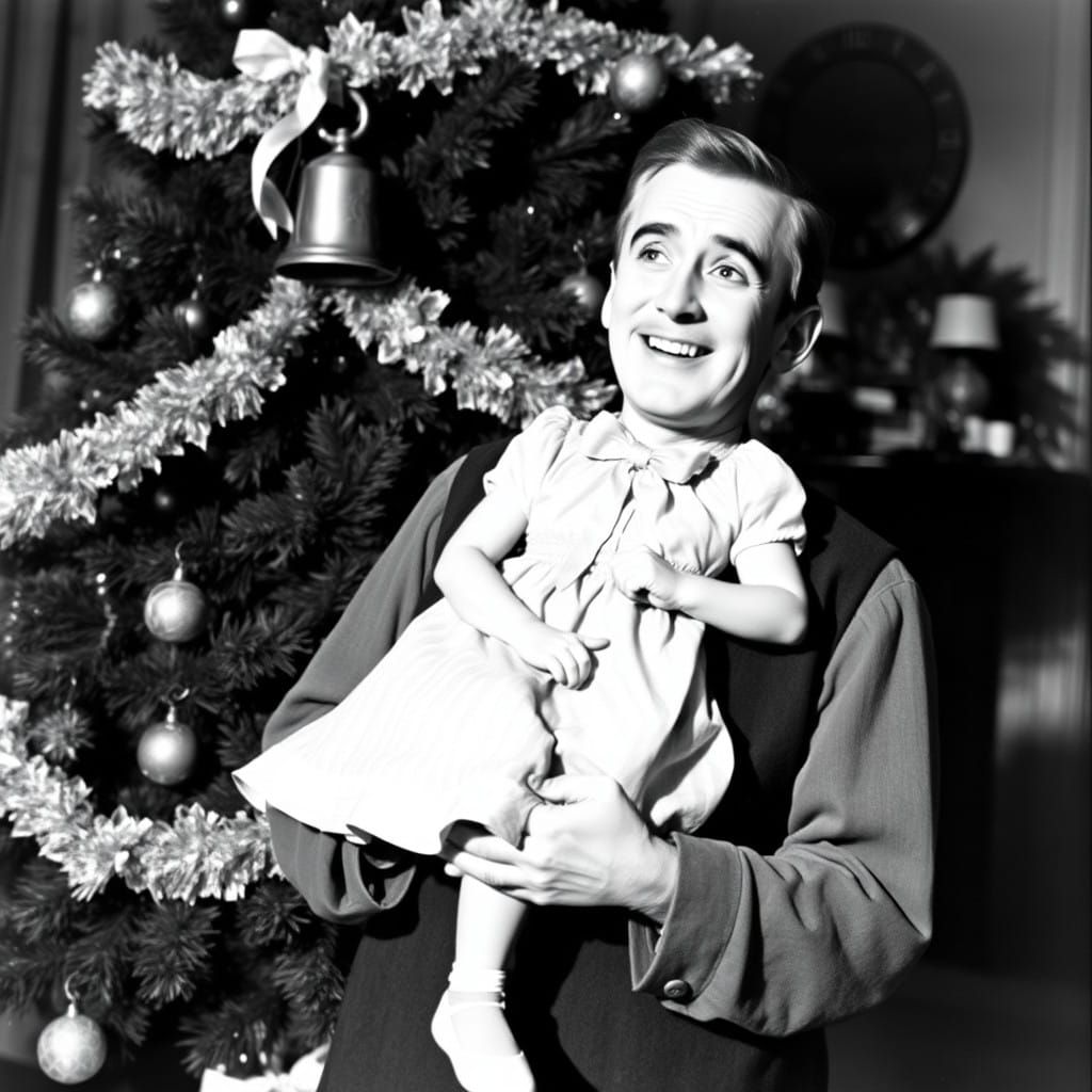 Classic Actor Smiles with Daughter in Front of Christmas Tre...