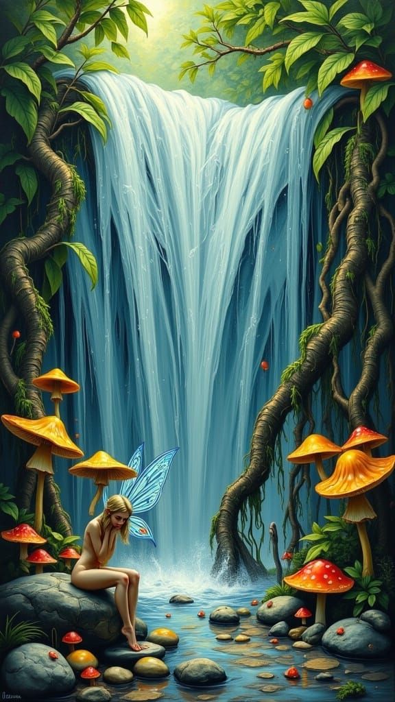 A small group of fairies gather near a waterfall,