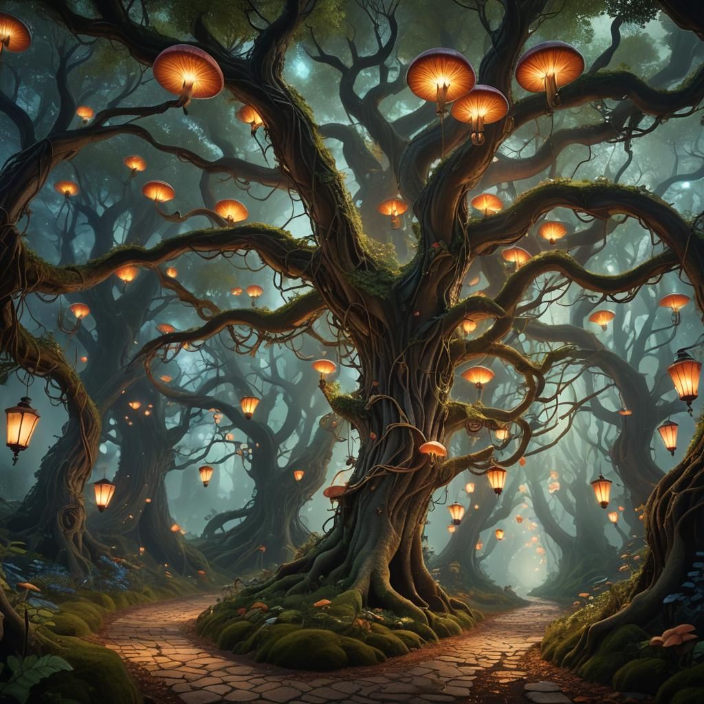 Mystical Forest Road with Glowing Lanterns