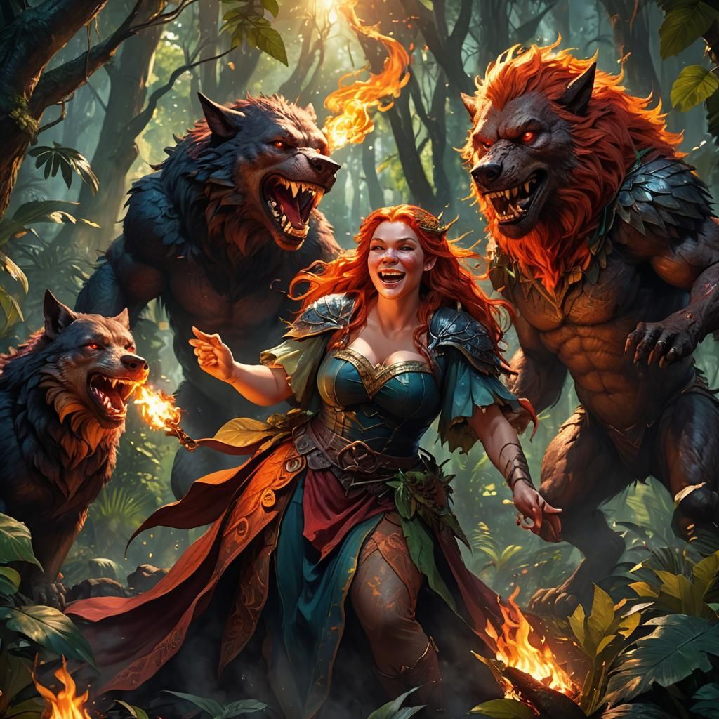 Fiery Fairy Confronts Werewolf: Hyperrealistic Fantasy Art