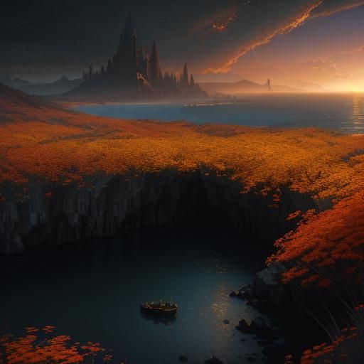 Sunset Over Bay: Dark Fantasy Concept Art