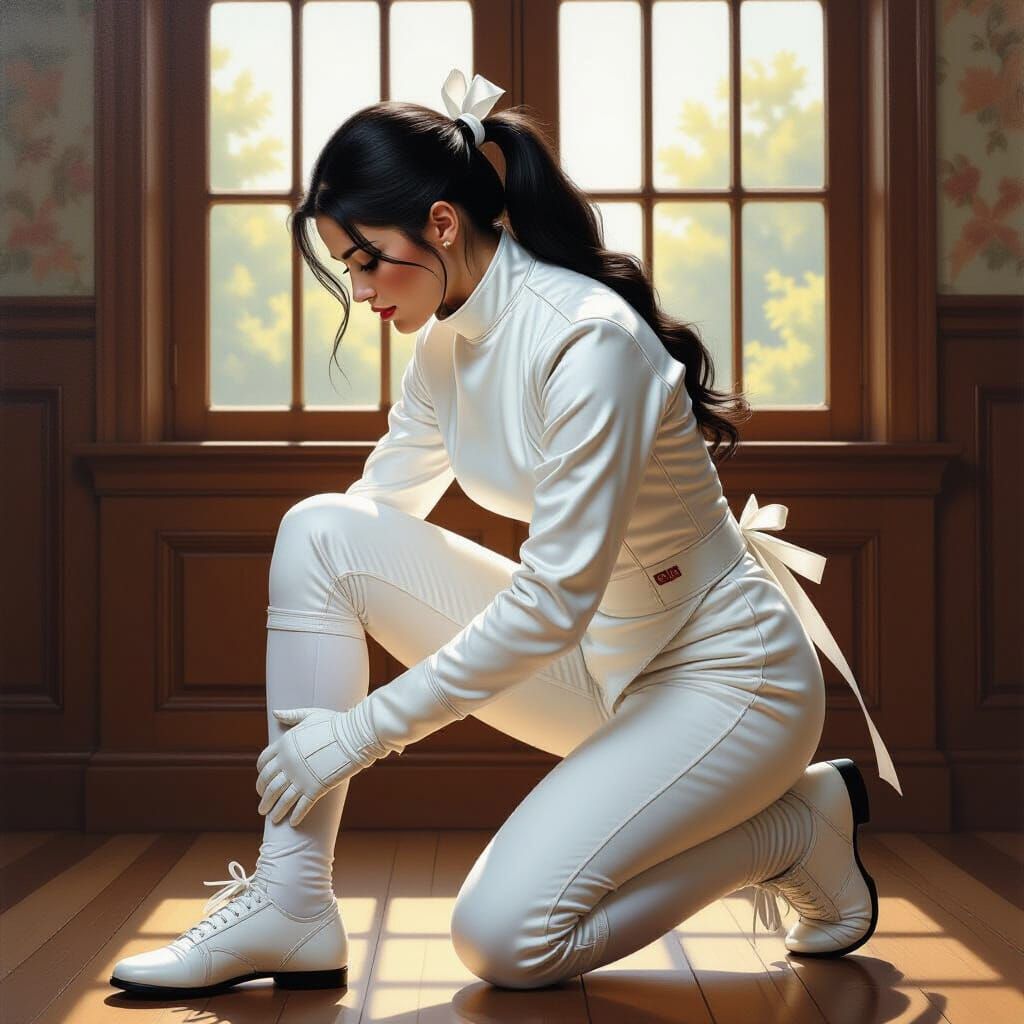 Regal Woman Adjusts Shoe: Fantasy Oil Painting