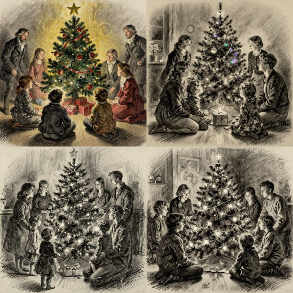 Family Gathers Around a Detailed Christmas Tree