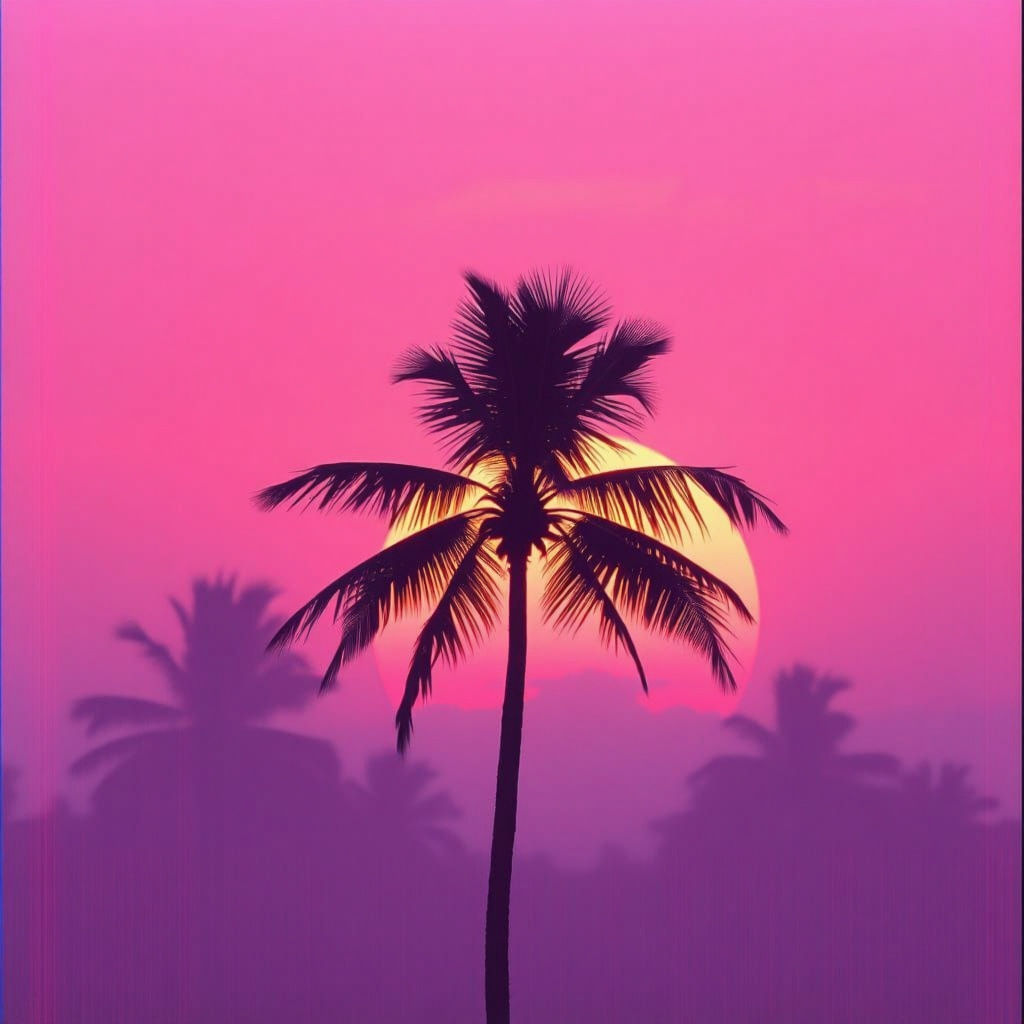 Vaporwave Palm Tree Silhouetted Against Neon Miami Sunset