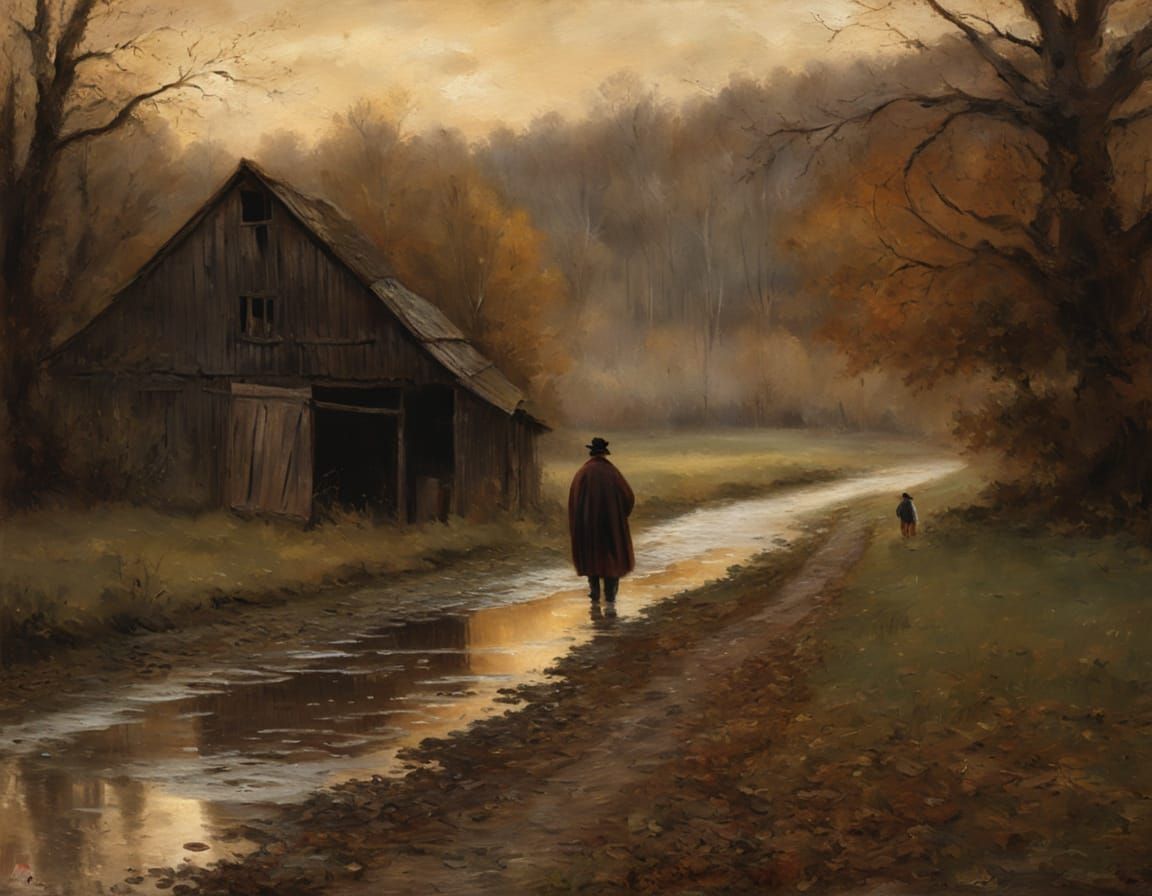 Barn in Romantic Landscape Style with Figure
