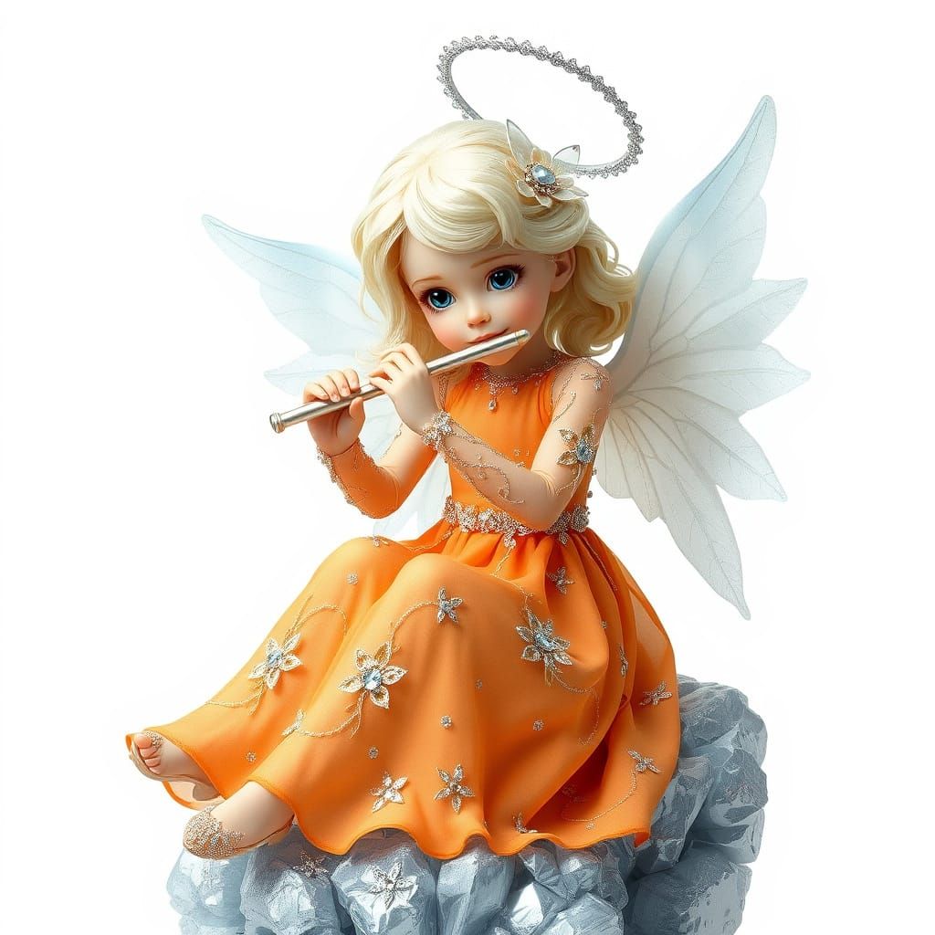 Crystalline Angel Playing Flute: Hyperrealistic Digital Art