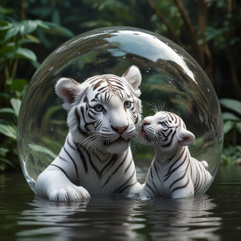 Hyperrealistic Jungle Scene of Tiger Cub and Boy Playing in...
