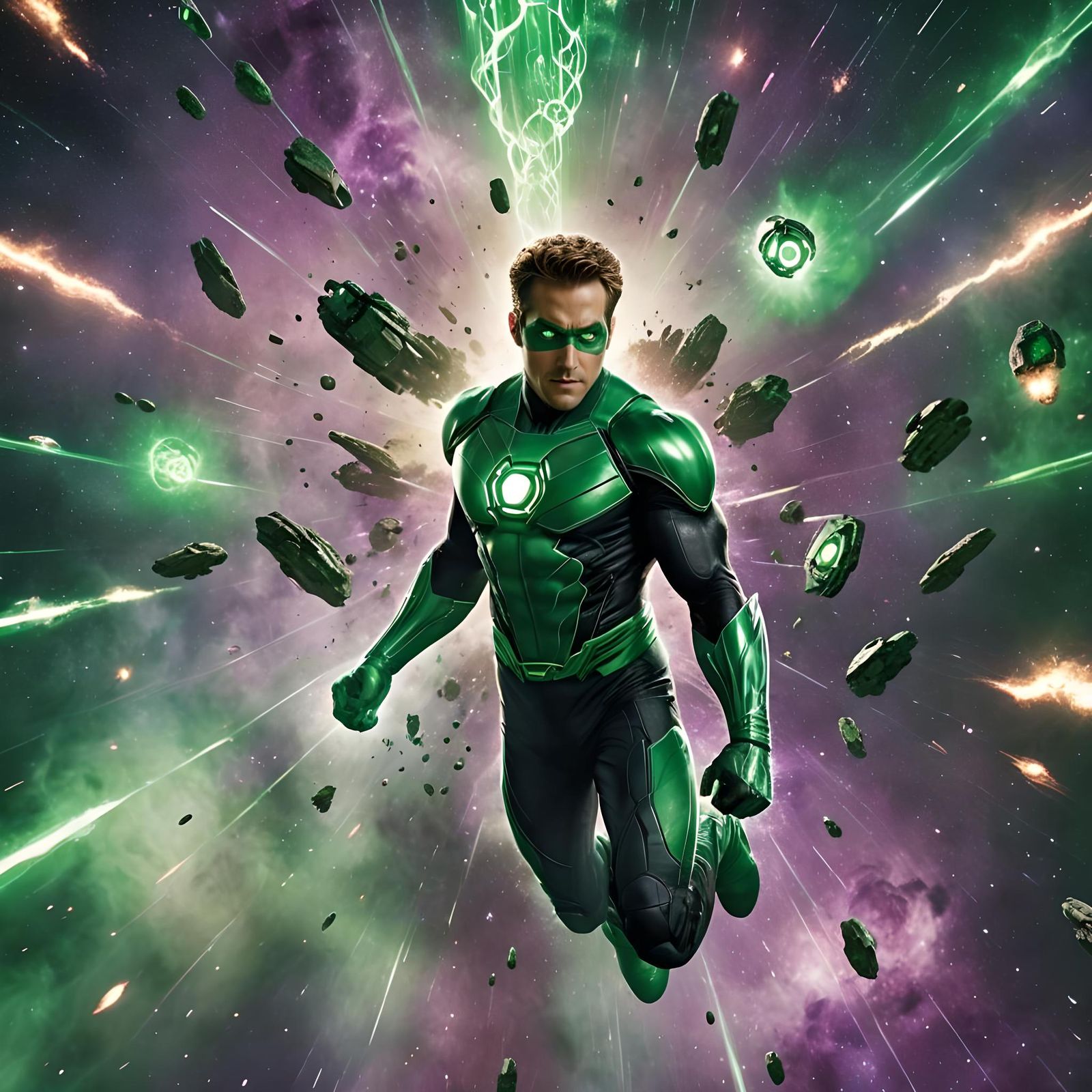 Green Lantern Soaring Through Nebula in Space