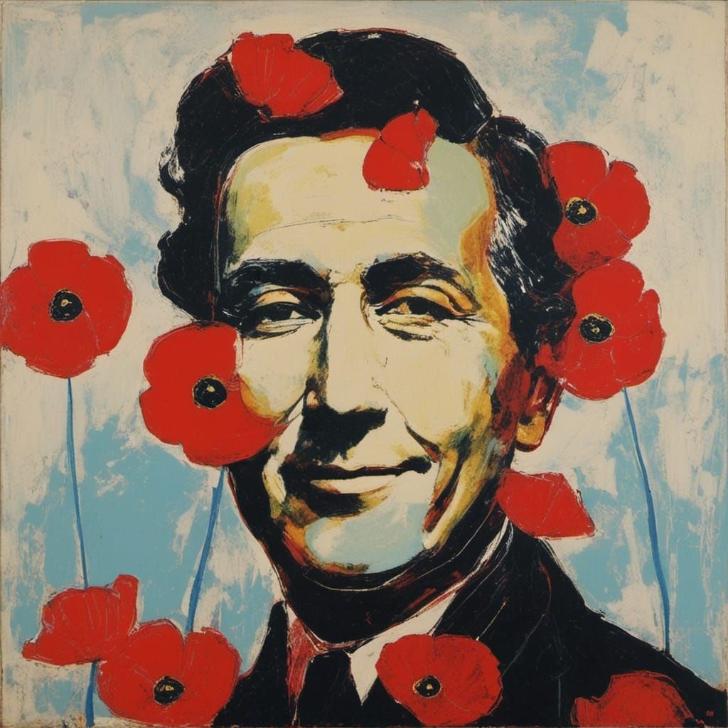 Smiling Man in Pop Art Style with Poppies