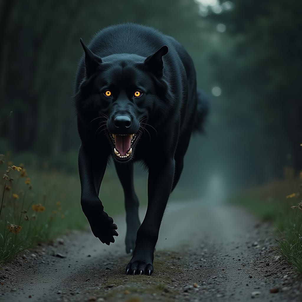 Black Dog Runs at Night in Doré Style