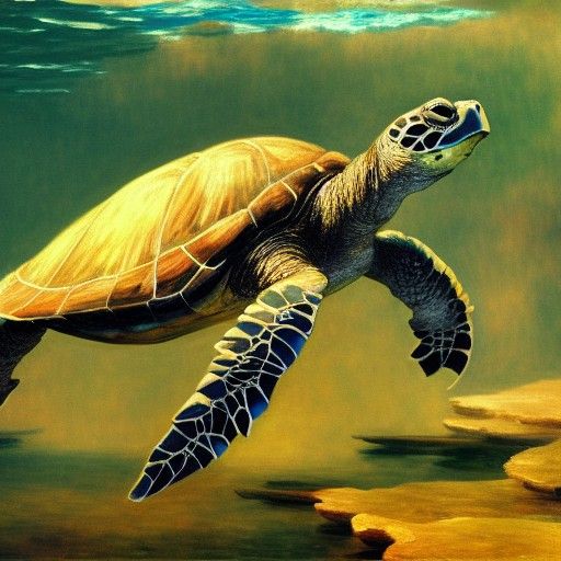 Underwater Turtle: An Intricate Oil Painting