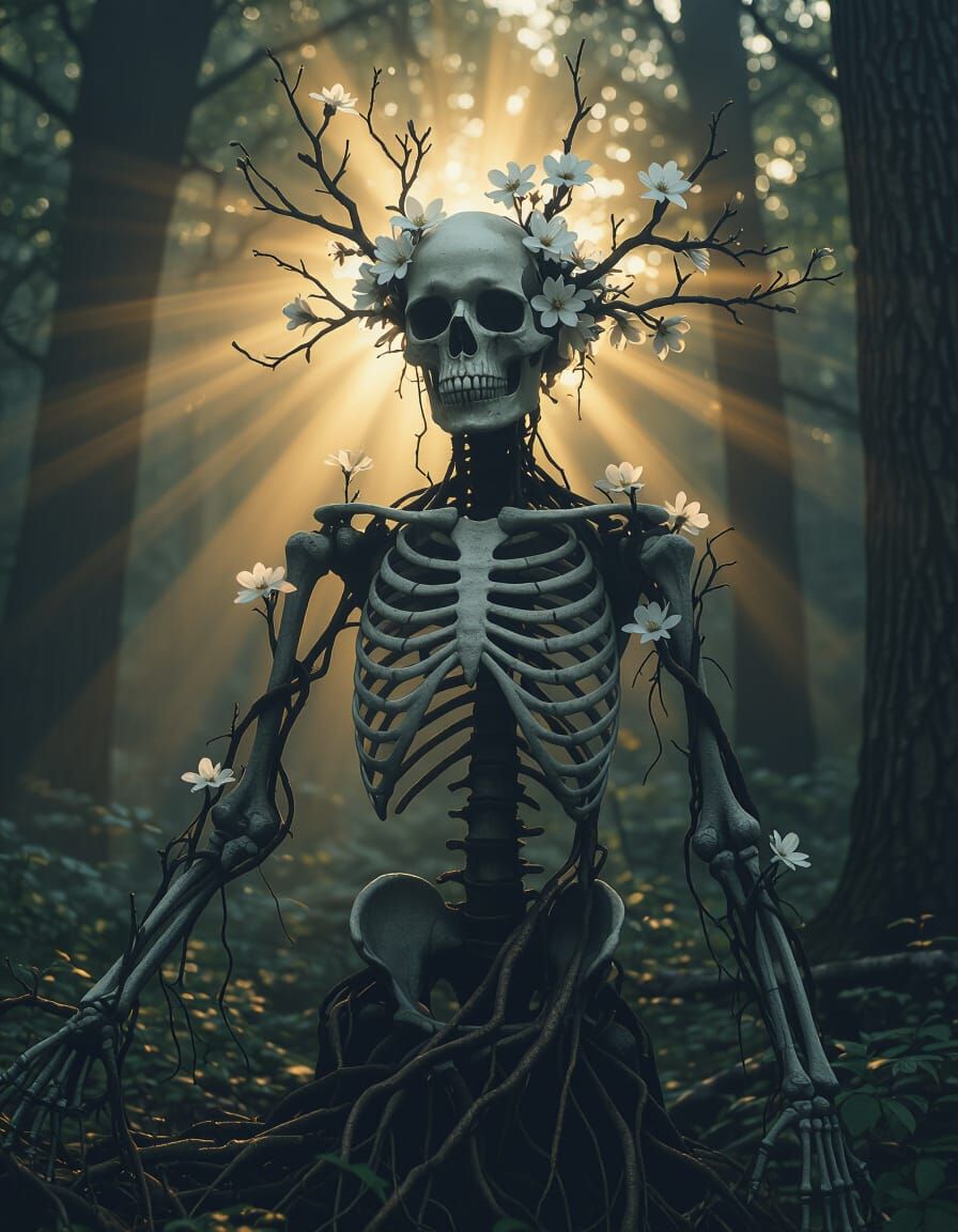 Skeleton Tree Creature Blooming Flowers in Forest