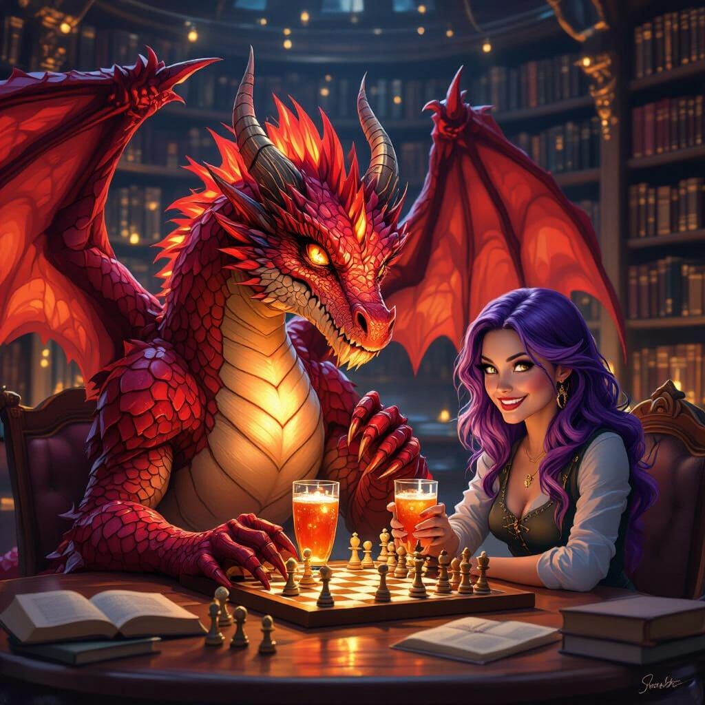 Red Dragon and Human Play Chess in Library