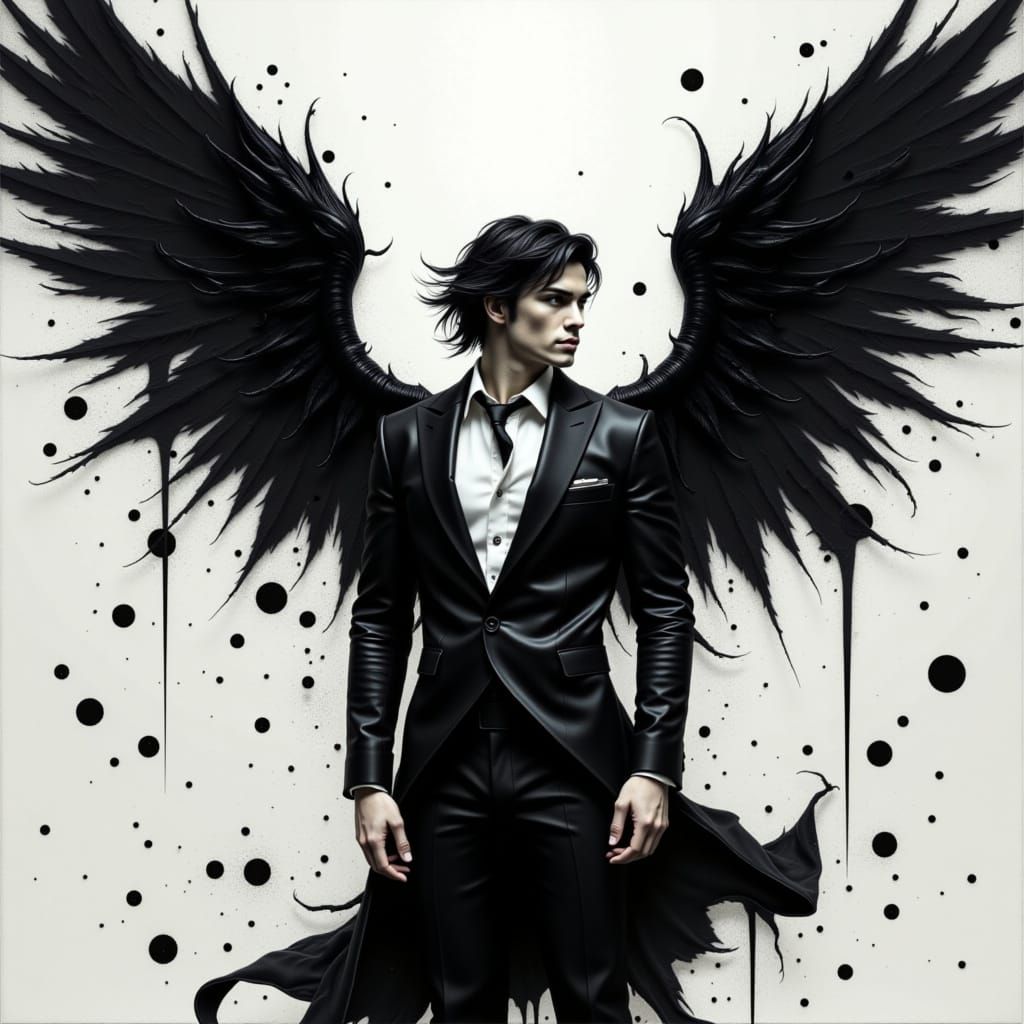 Elegant Angel with Wings and Ink Splatters