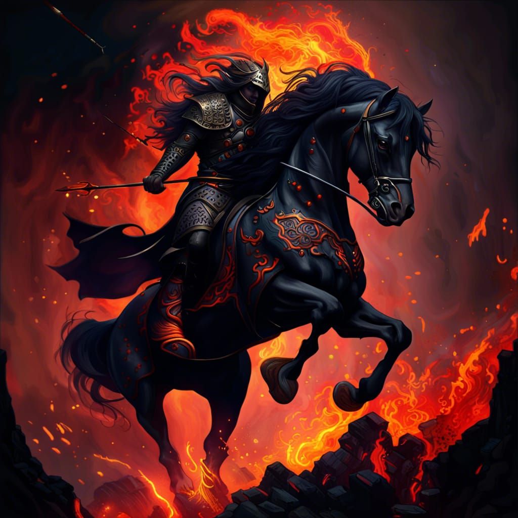 Fiery Horse Leaps Through Goblin Attack: Fantasy Art