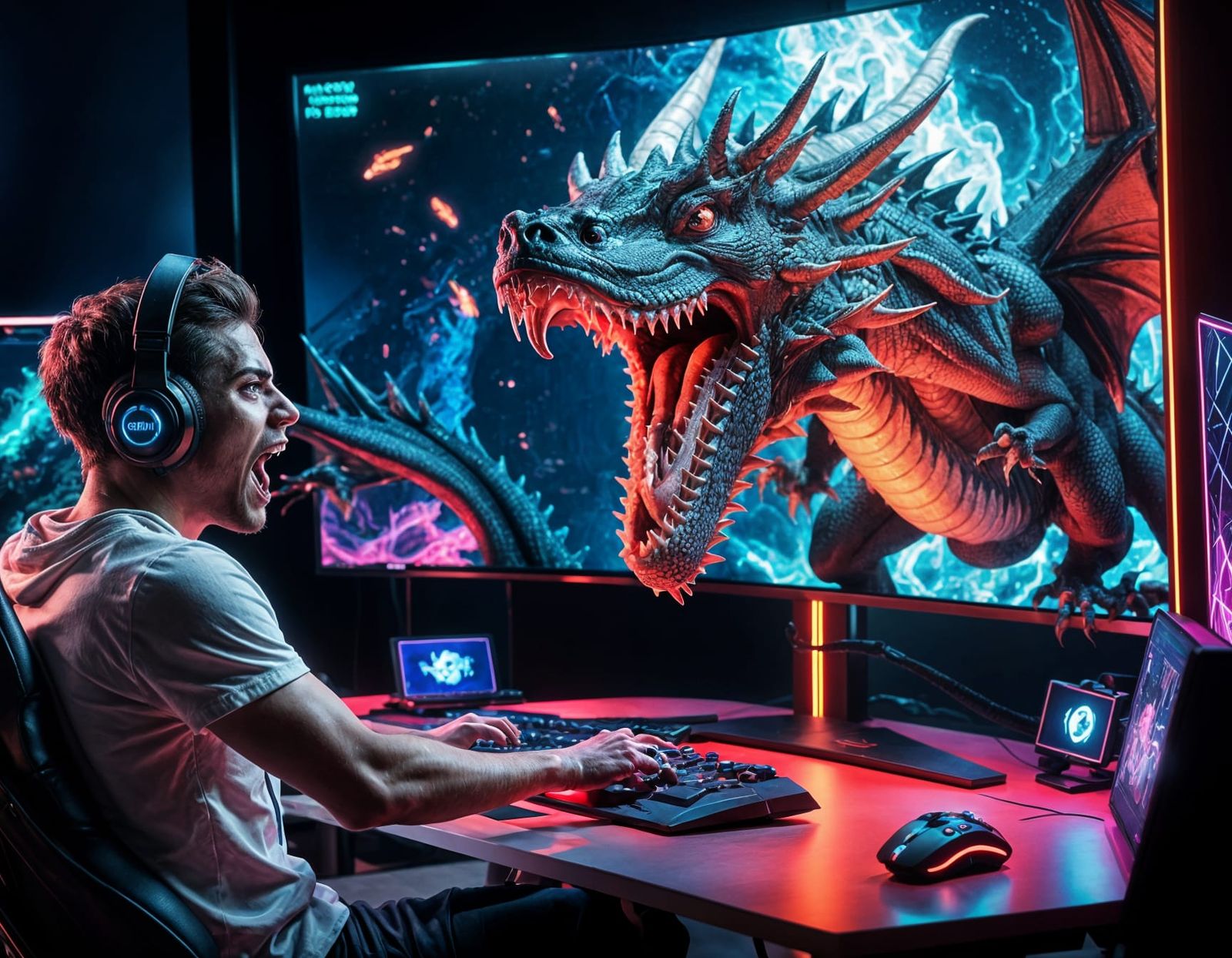 Terrified Gamer Confronts Dragon in Neon Gaming Room
