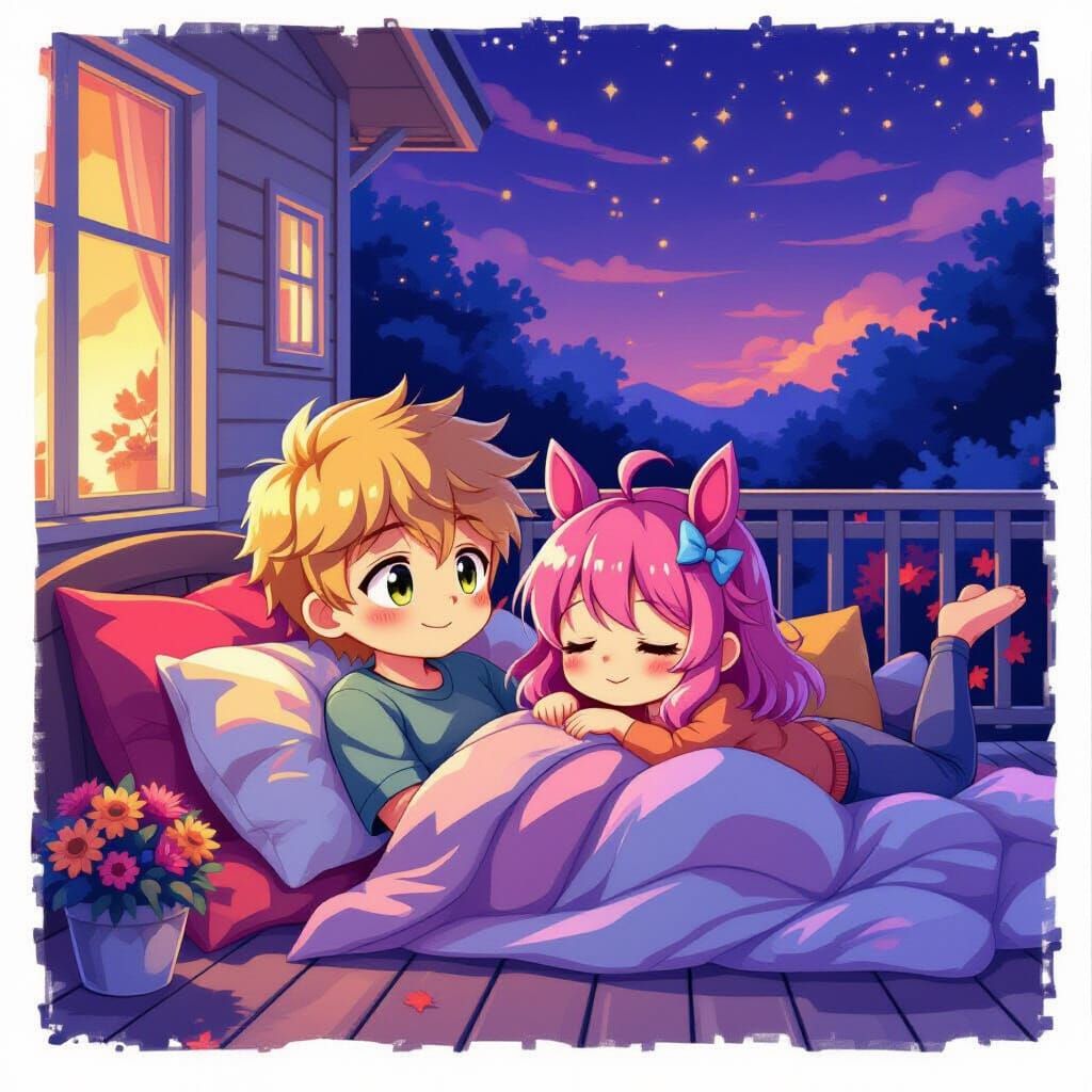 Anime Boy and Girl with Horse Ears on Veranda