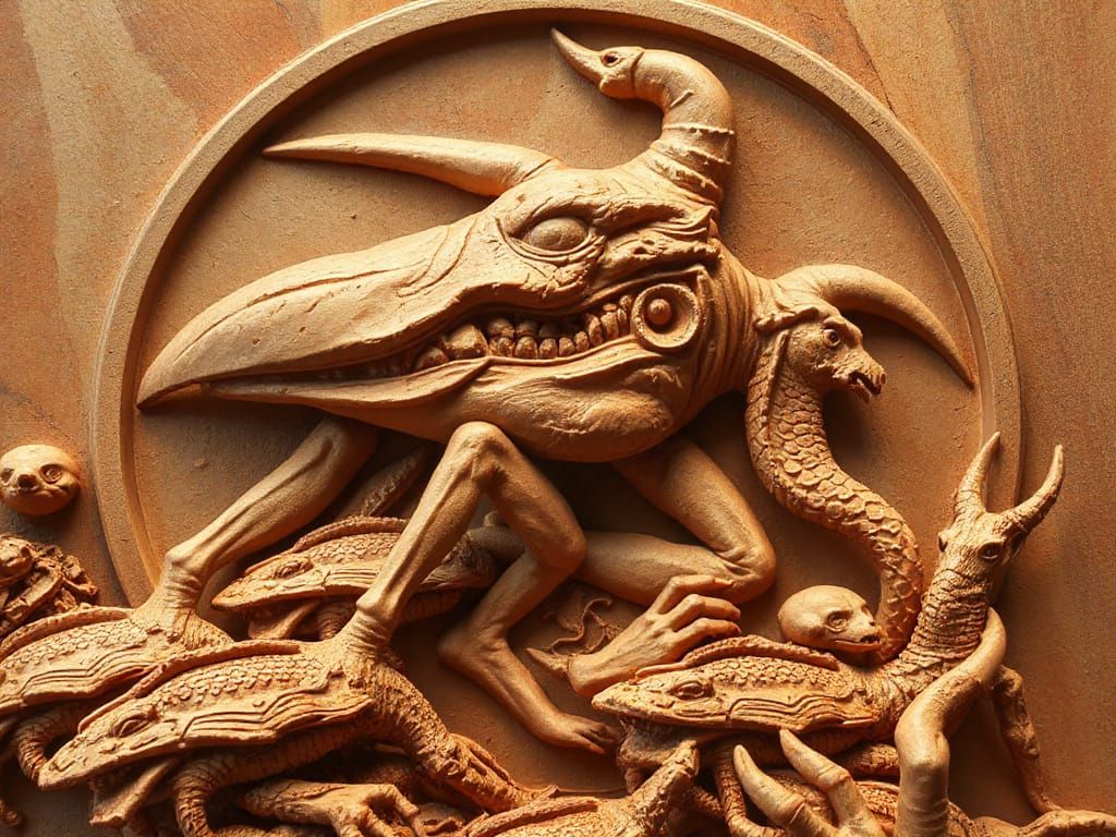 Surreal Macabre Scene in Bas-Relief Frame