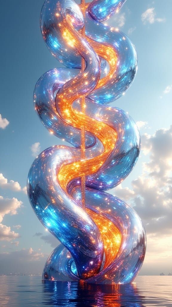 <lora:Exquisite Flux:1.0> Imagine a gravity-defying sculpture that twists and spirals into the sky, crafted from translu...