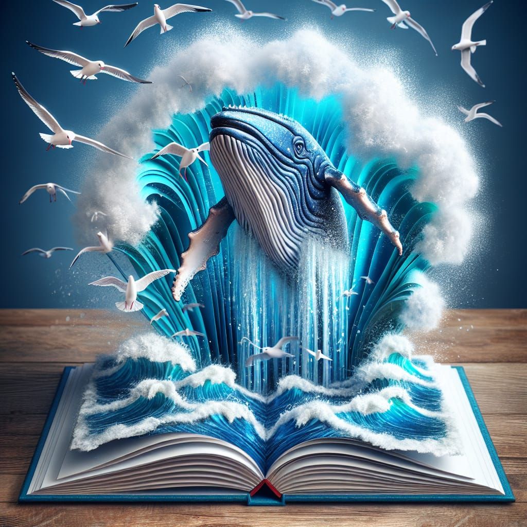 Blue Whale Leaps from Pop-Up Book with Tsunami