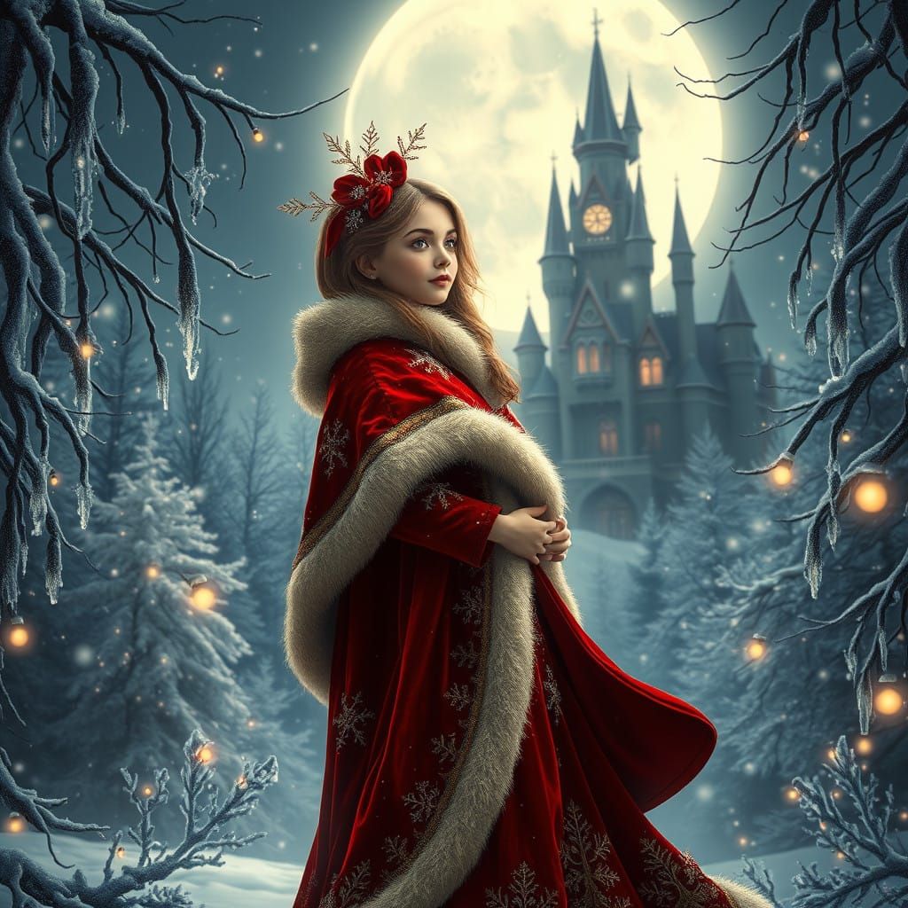 Whimsical Christmas Maiden in Crimson Velvet Amidst Frosty F...