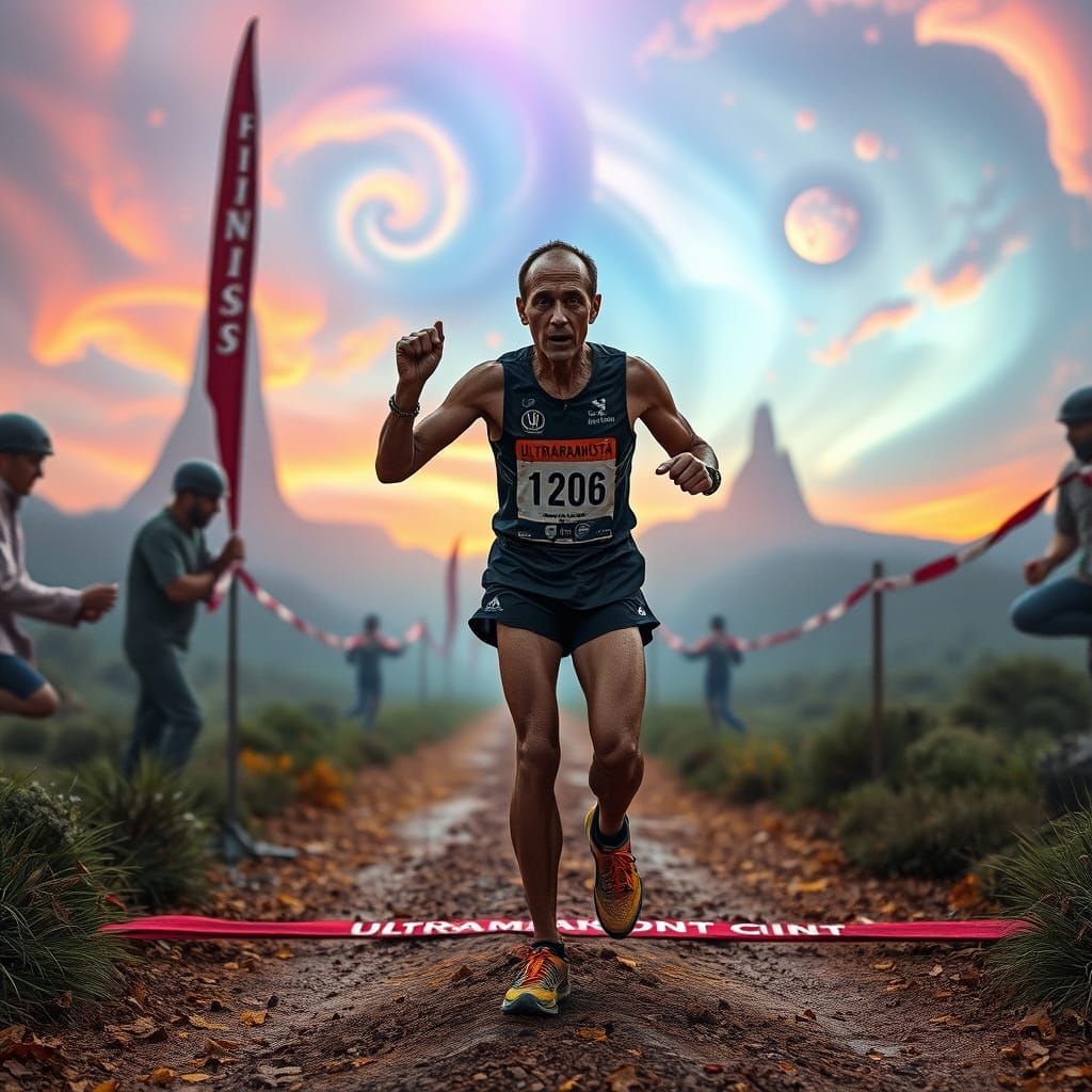 Triumphant Ultramarathon Runner in a Surreal Dreamscape