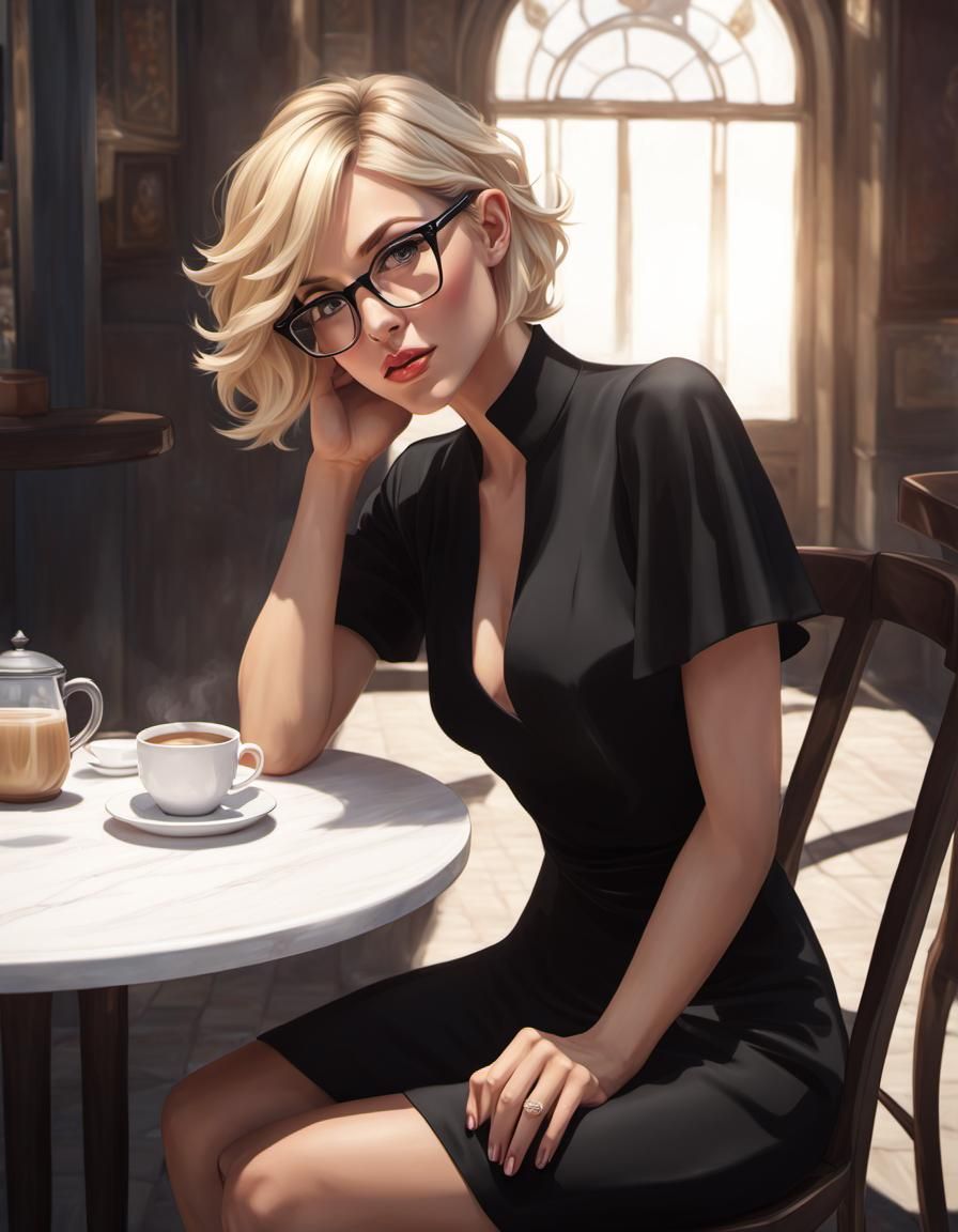 Elegant Blonde Woman in Cafe, Hyperrealistic Portrait