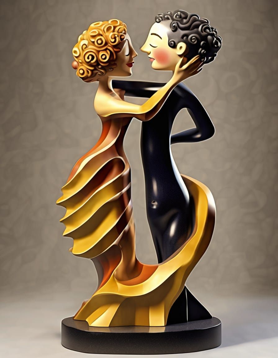 silly cartoon male female  hugging sculpture Gustav Klimt 19...