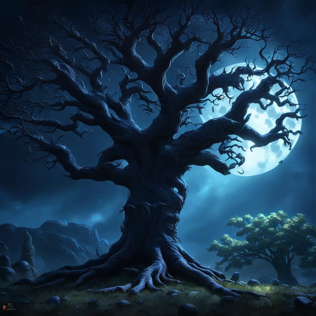 Eerie Shadow Lurking Near a Tree: Fantasy Art