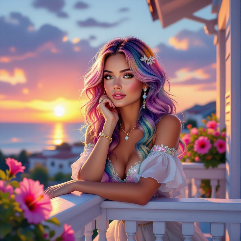 Framed by blooming hibiscus, she leans on a whitewashed balc...