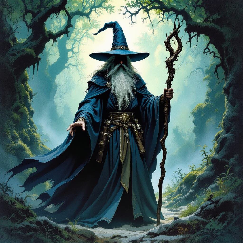 Mystical Wizard in Ancient Forest, Fantasy Art