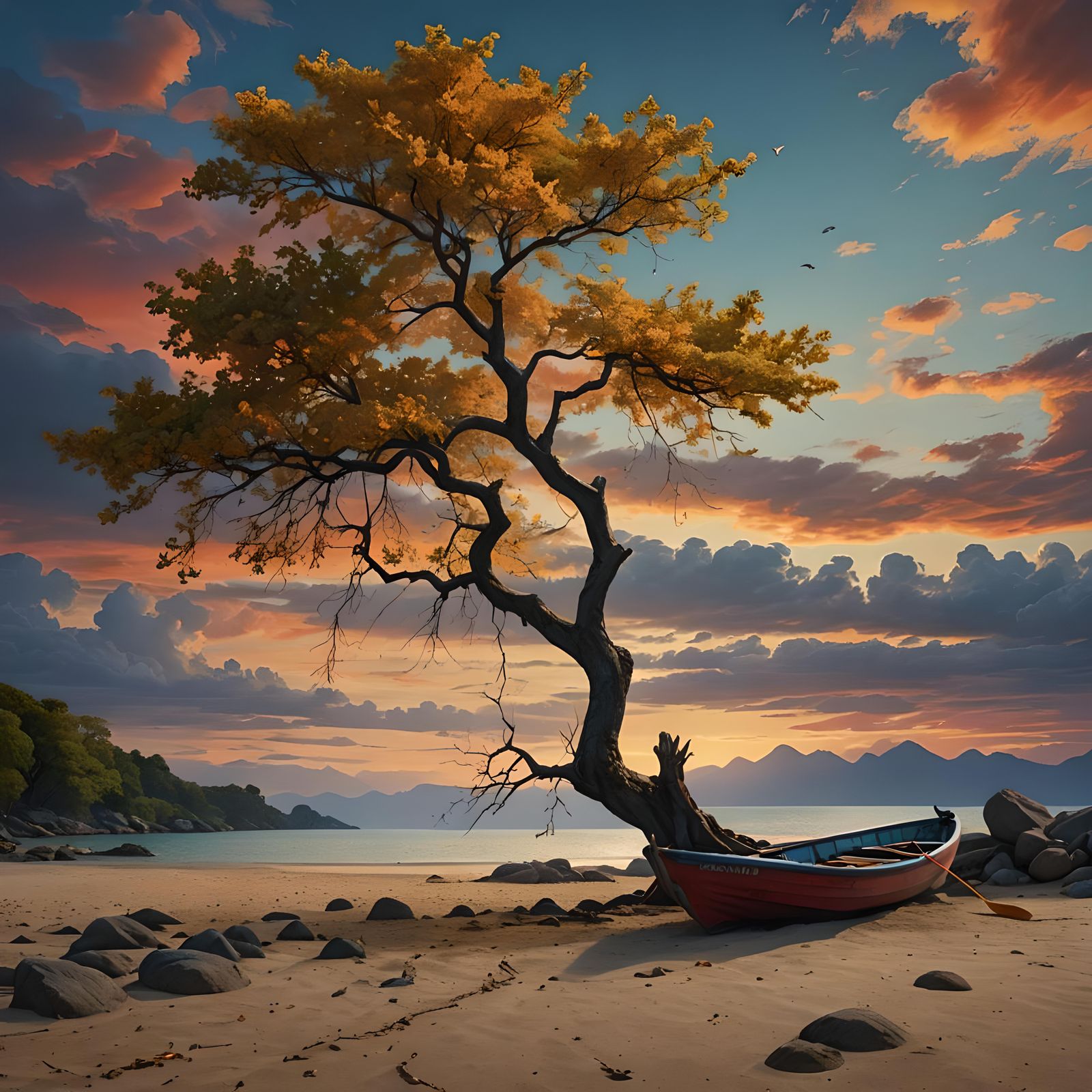 Twilight Lagoon: Serene Landscape with Fishing Boat