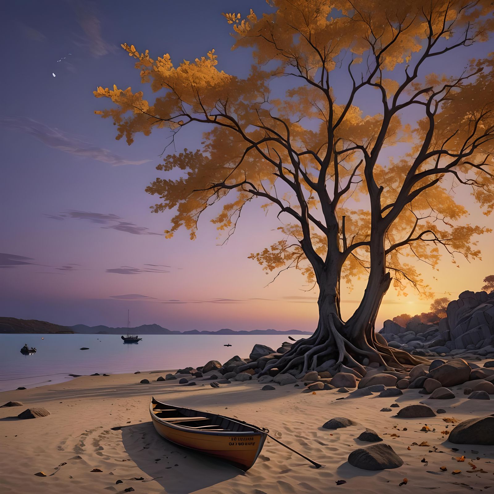Twilight Lagoon with Golden Tree in Matte Painting