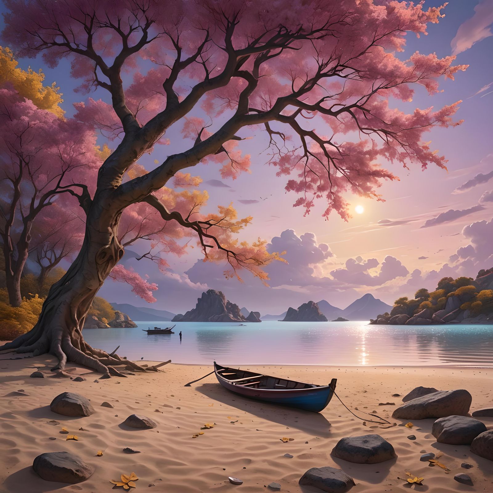 Lagoon Scene with Tree and Boat at Twilight