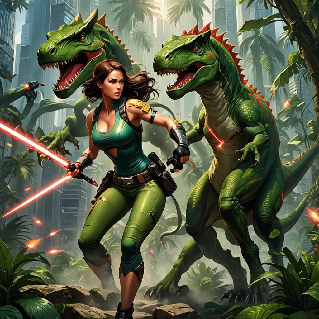 Woman with Laser Rifle Fighting Dinosaur