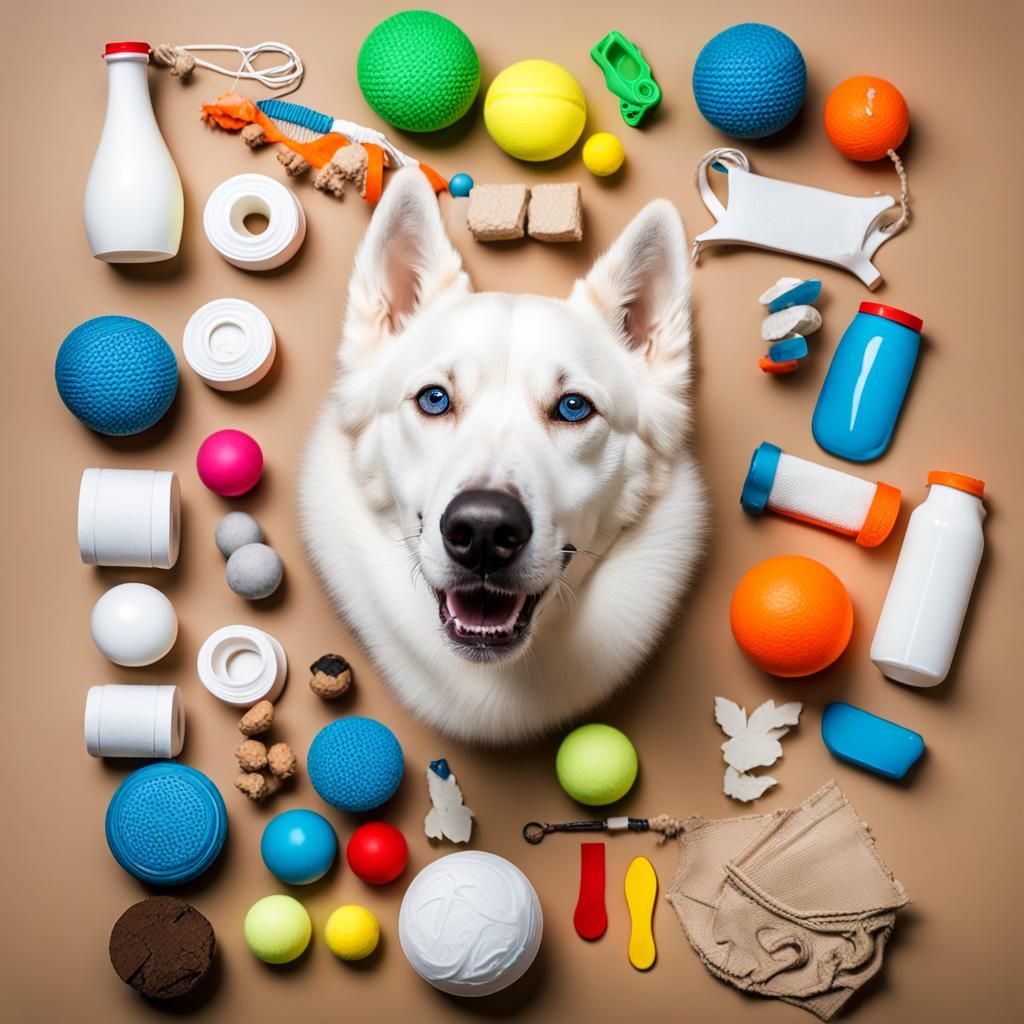 Knolling of a Siberian Husky with Dog Toys