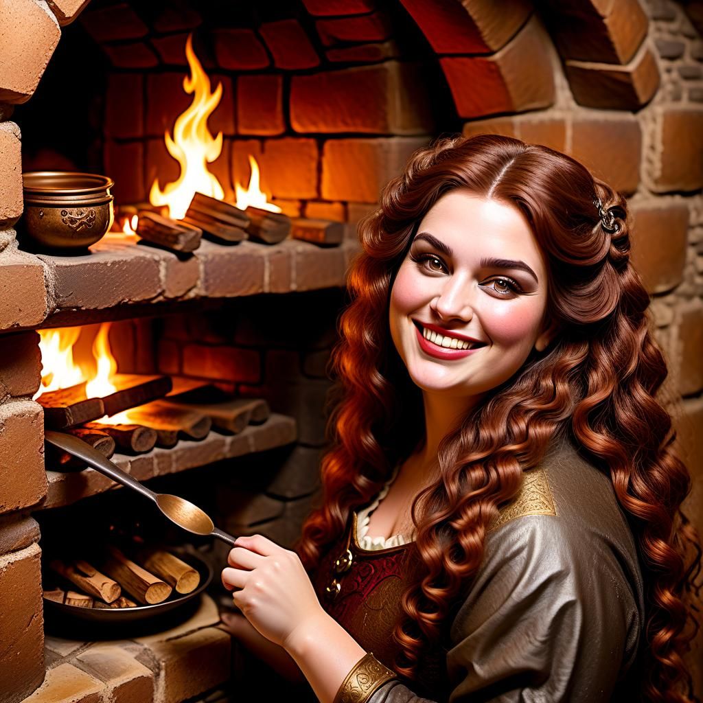 Medieval Woman Cooking Dragon in Castle Fireplace