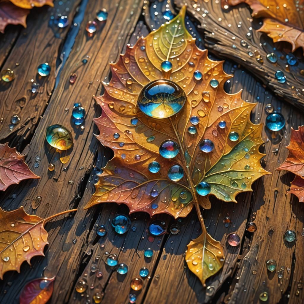 Dew Drop on Autumn Leaf: Whimsical Matte Painting