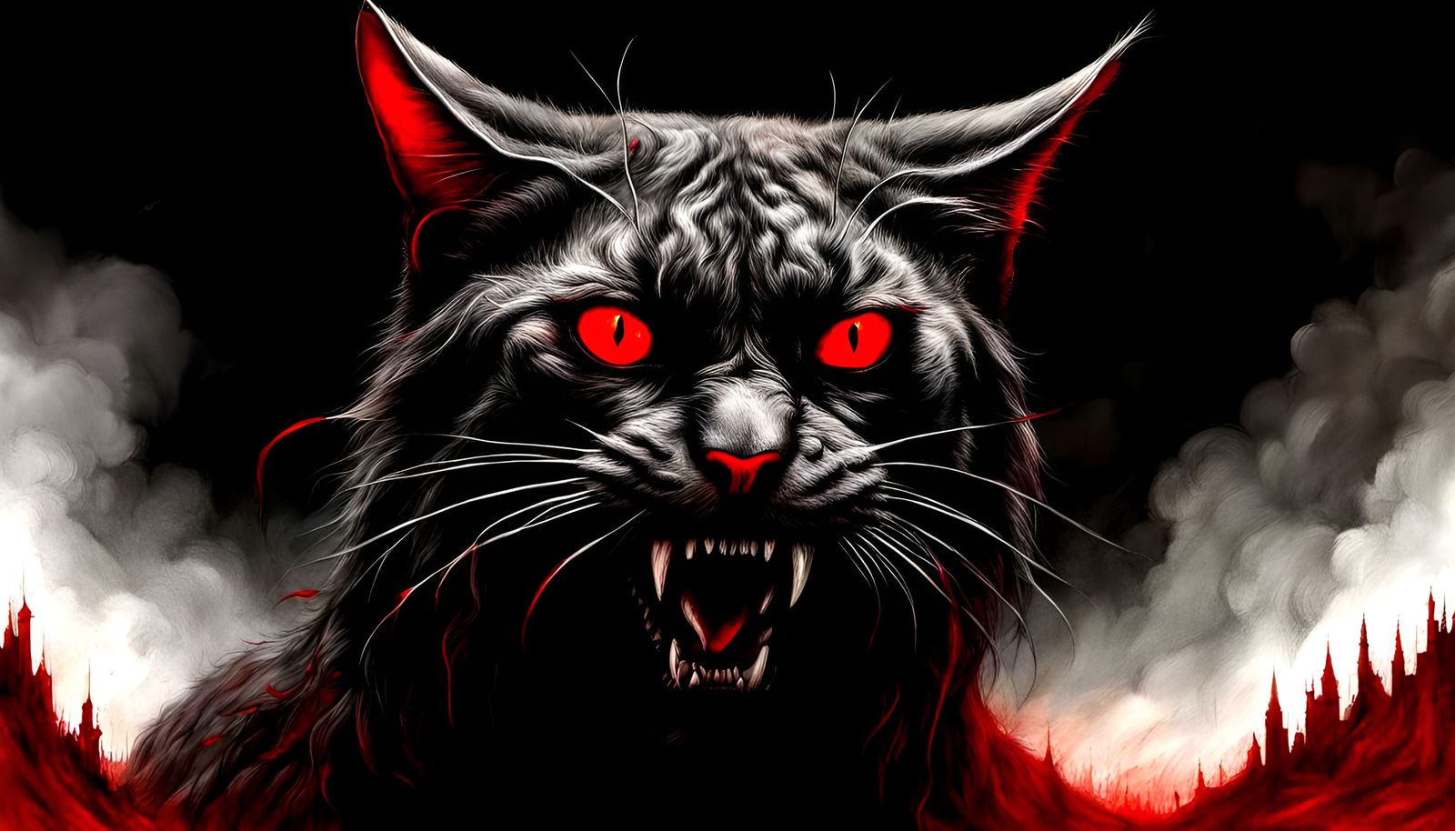 Terrifying Giant Cat Attack in Charcoal Drawing Style