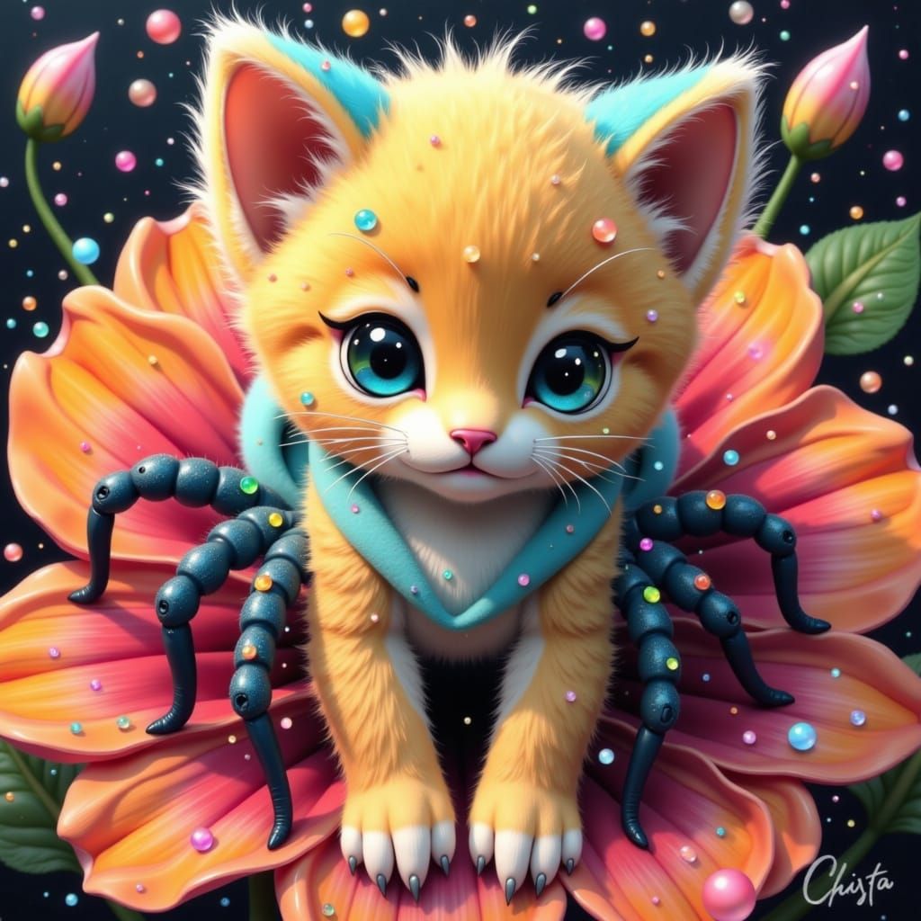 Kitten-Spider on Flower in Rainbow Pixar Style