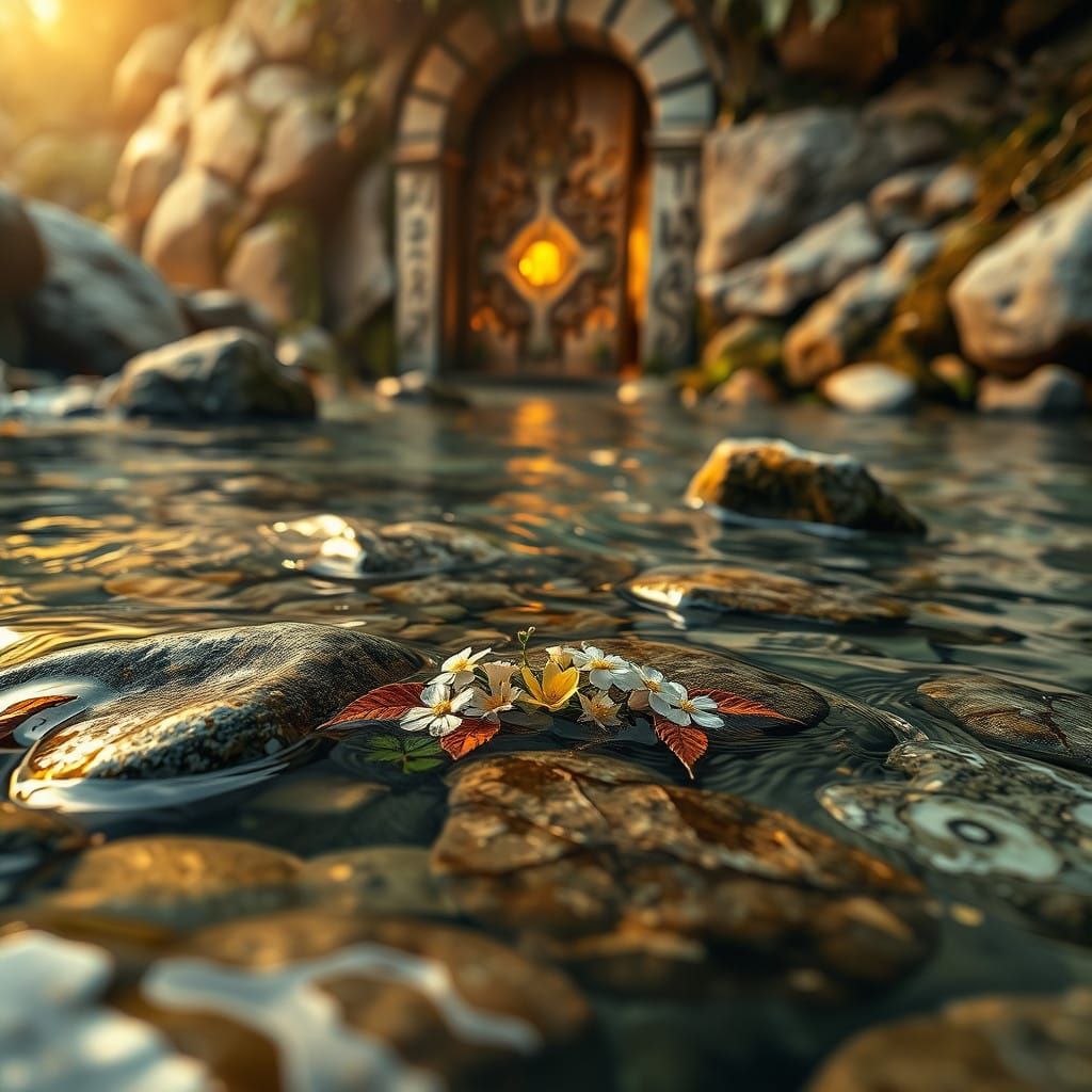 Enchanted River Scene with Ancient Door and Weathered Stones