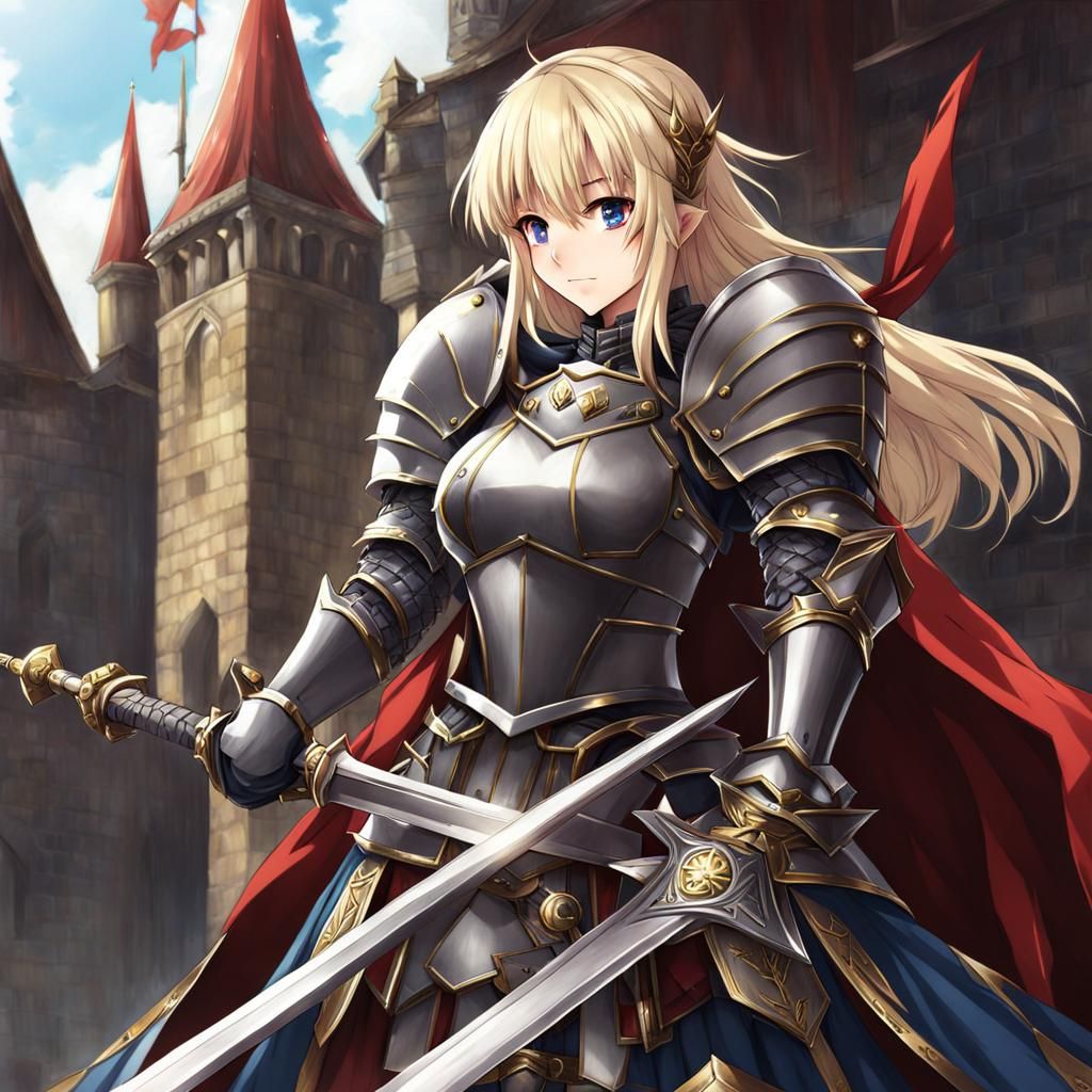 Armored Anime Knight with Sword in Medieval Style